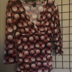 Ann Taylor V-Neck Top with Brown and White Pattern